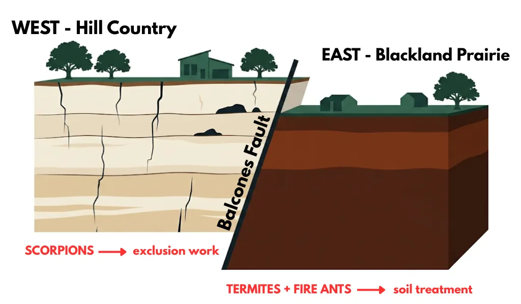 Cross-section diagram of the Balcones Fault. West of the fault is fractured limestone Hill Country where scorpions need exclusion work. East is deep Blackland Prairie clay where termites and fire ants need soil treatment.