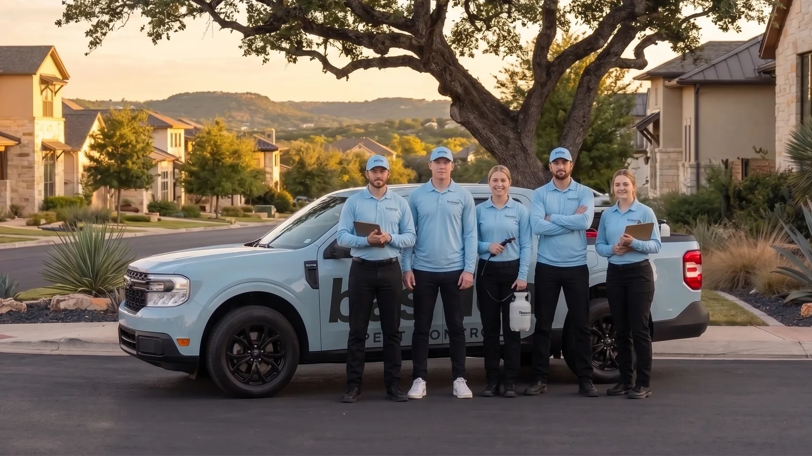 The Bastion Pest Control crew standing with a branded truck on an Austin street at sunset, Hill Country ridgeline behind them