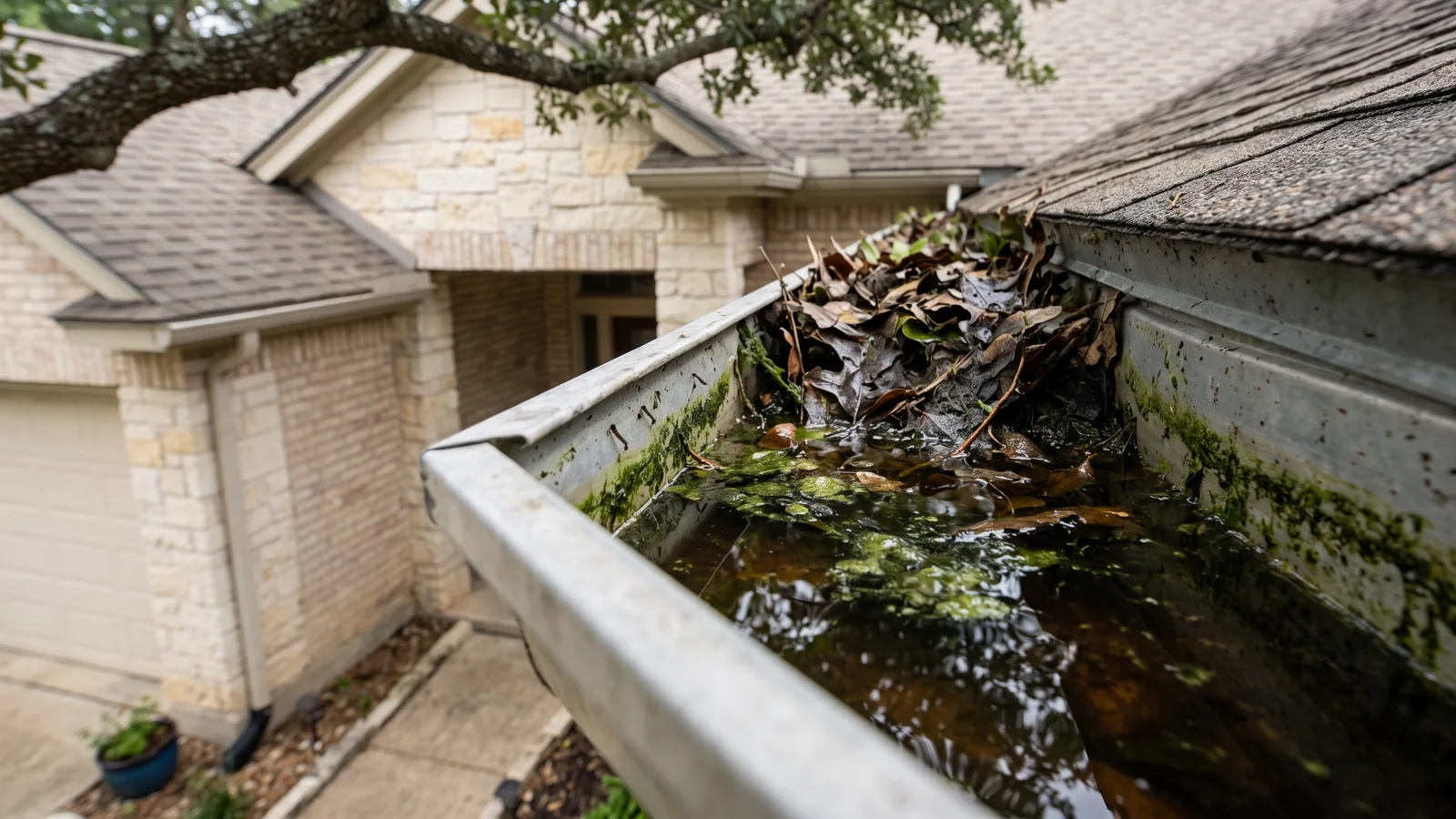 A clogged gutter on an Austin home holding standing water behind a pack of leaves, the most common mosquito breeding source found on service calls