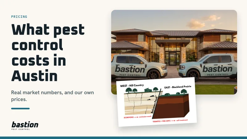Cover for the Austin pest control cost guide: two Bastion Pest Control trucks outside an Austin home beside a diagram of the Balcones Fault soil zones
