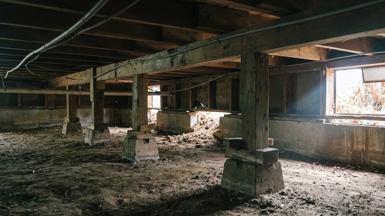 Pier-and-beam crawl space under an older Austin home, with gaps at the perimeter and daylight visible through a foundation vent