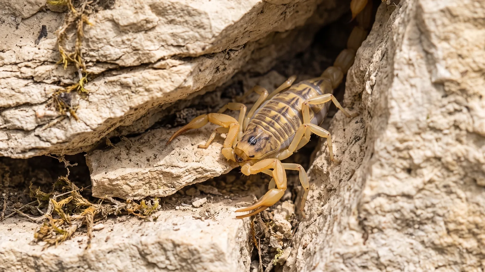 A striped bark scorpion in a limestone crevice in Central Texas, the fractured rock habitat that puts them against Hill Country foundations