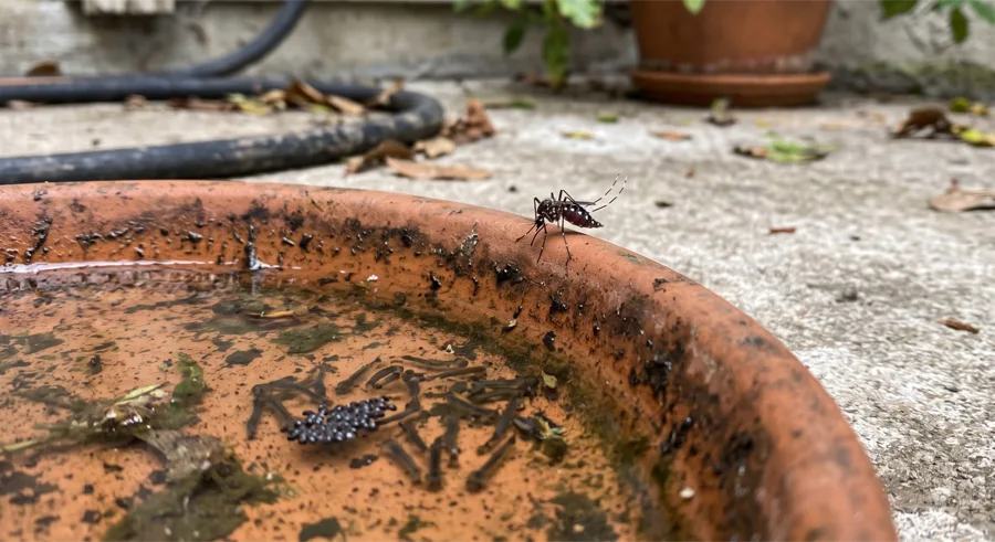 Adult Aedes mosquito on the rim of a terracotta saucer with an egg raft and larvae visible in the water below