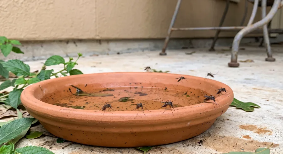 Several dark Aedes mosquitoes with white banded legs resting on the rim of a terracotta plant saucer holding standing water