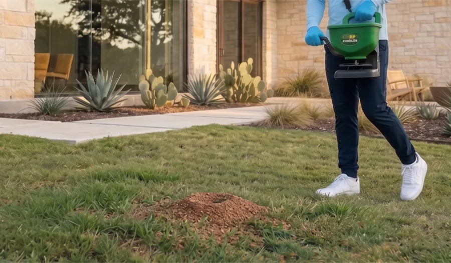 Bastion Pest Control technician broadcasting granular ant bait across a lawn with a fire ant mound in the foreground