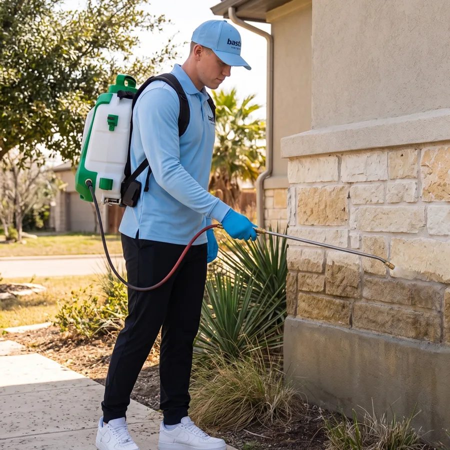 Bastion Pest Control technician with a backpack sprayer treating the stone foundation perimeter of a Central Texas home