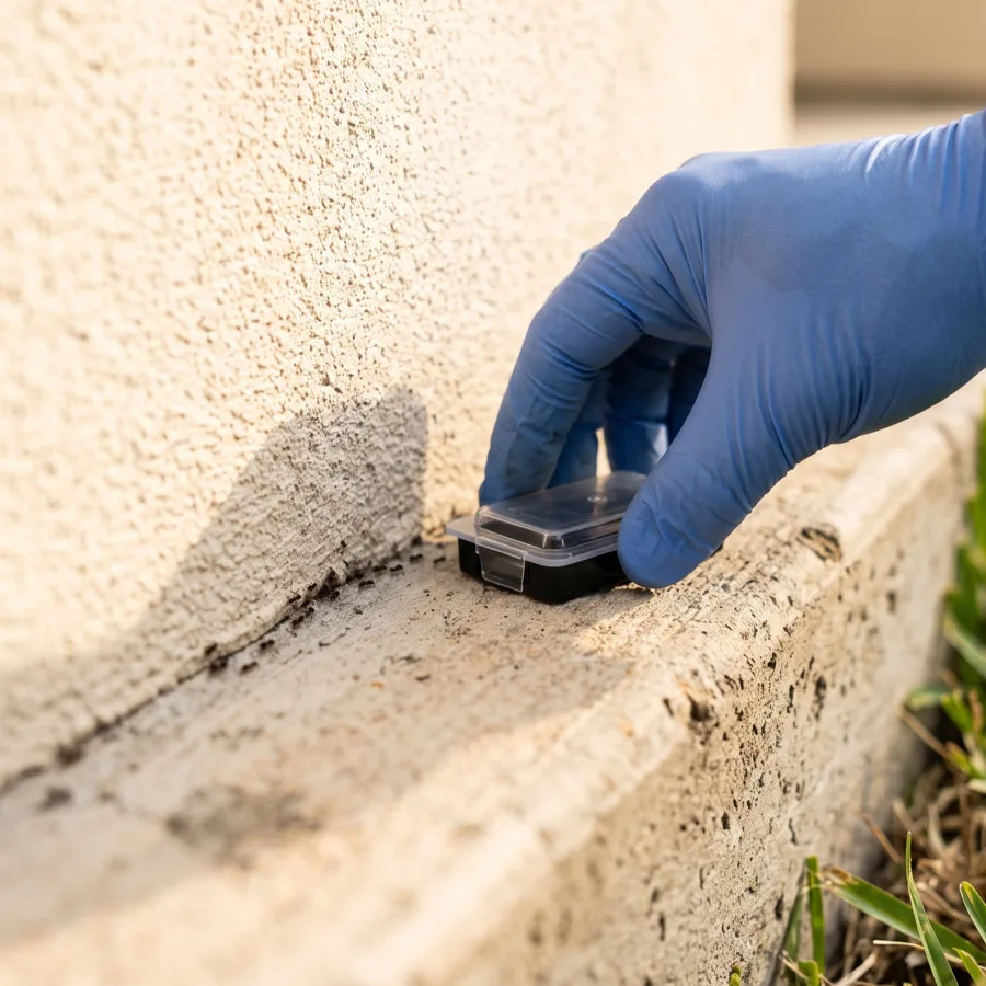 Bastion Pest Control technician in a blue glove placing an ant bait station on a foundation edge where ants are trailing