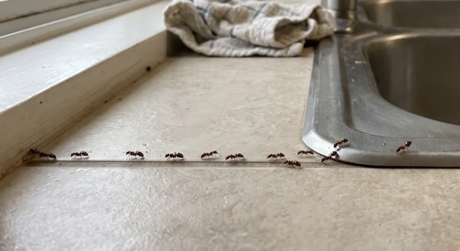 Line of reddish brown ants walking along a kitchen countertop seam toward a stainless steel sink