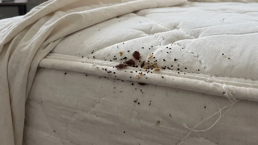 Bed bugs, pale eggs, translucent shed skins and heavy fecal staining along a white quilted mattress seam