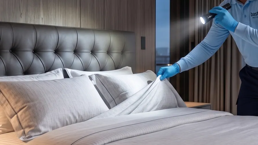 Bastion Pest Control technician lifting a pillow with a flashlight during a follow-up bed bug inspection