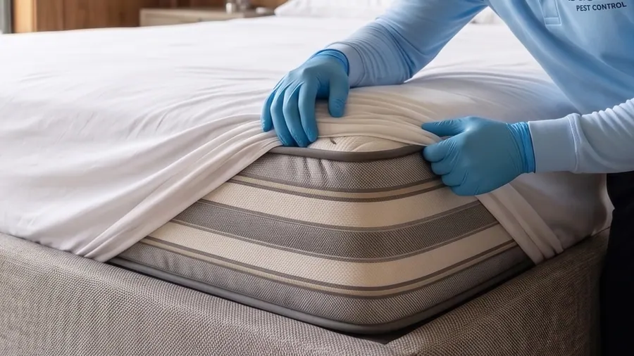 Bastion Pest Control technician peeling back a mattress cover to inspect the seams for bed bugs
