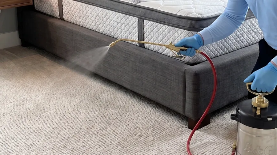 Bastion Pest Control technician treating a bed base and frame for bed bugs with a compressed sprayer