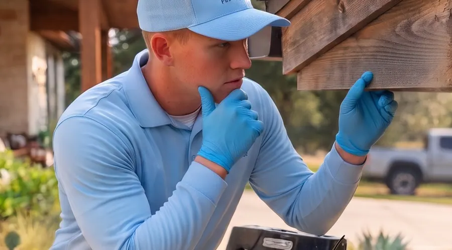 Bastion Pest Control technician using a flashlight to inspect the underside of a wooden beam for a bee colony