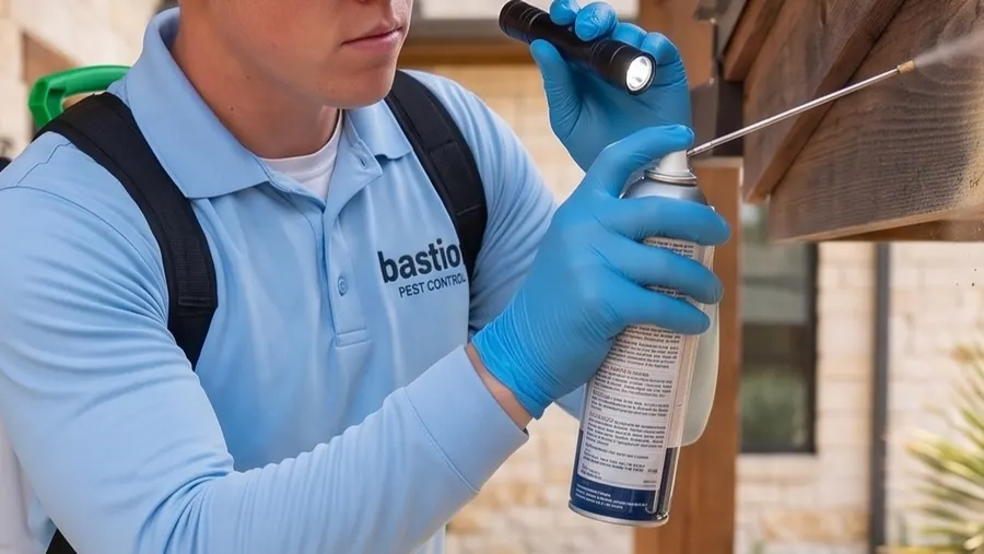 Bastion Pest Control technician treating and sealing a bee entry point under a wooden beam