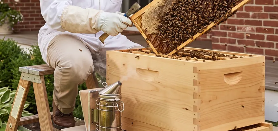 Beekeeper in a protective suit lifting a frame covered in honey bees into a hive box for live relocation