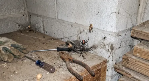 Black widow spider with a red hourglass marking on webbing above a garage workbench, with an egg sac and a juvenile spider nearby