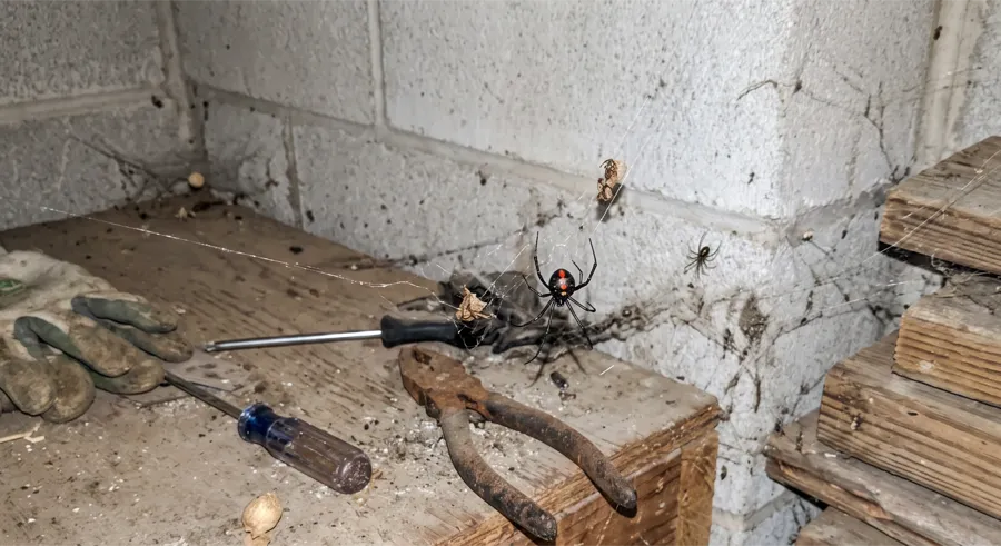 Black widow spider with a red hourglass marking on webbing above a garage workbench, with an egg sac and a juvenile spider nearby