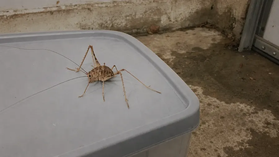 A tan humpbacked camel cricket with very long antennae on the lid of a gray storage bin in a dim garage