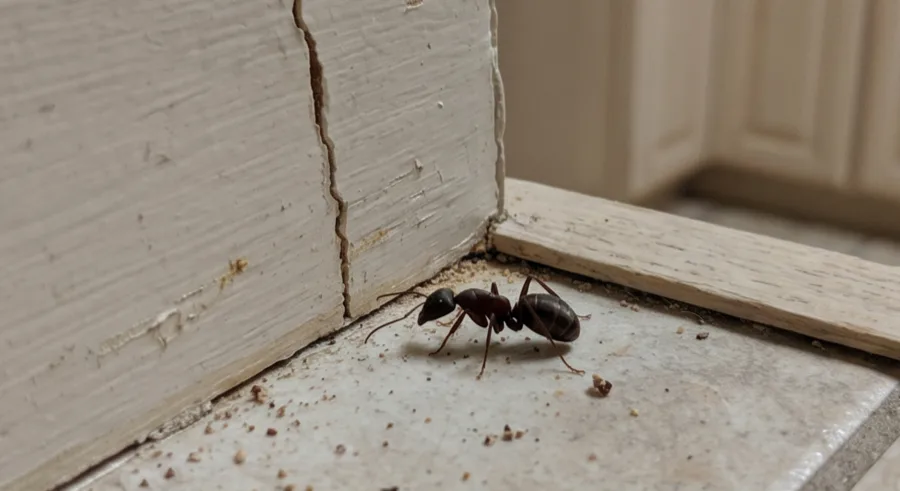 Large dark carpenter ant on a tile floor beside a white painted baseboard with a gap at the seam