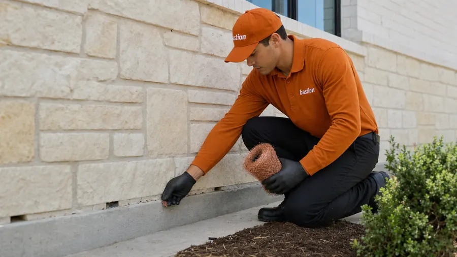 Bastion Pest Control technician pressing copper mesh into a brick weep hole above a concrete slab