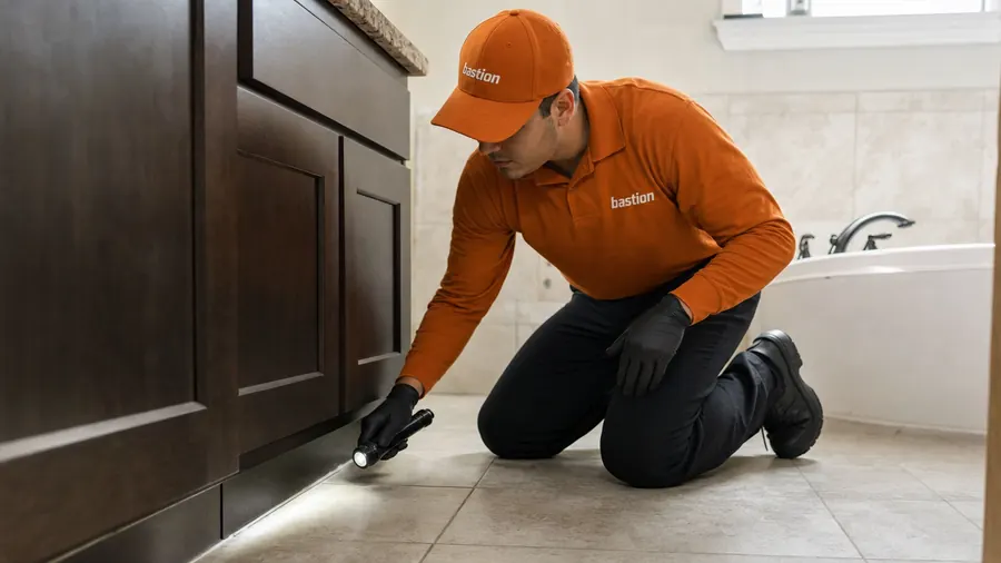 Bastion Pest Control technician shining a flashlight under a bathroom vanity and along the tub, where house centipedes hide