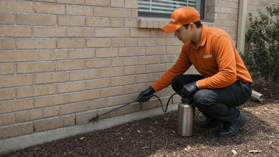 Bastion Pest Control technician spraying a treatment band into the weep holes and along the base of a brick wall