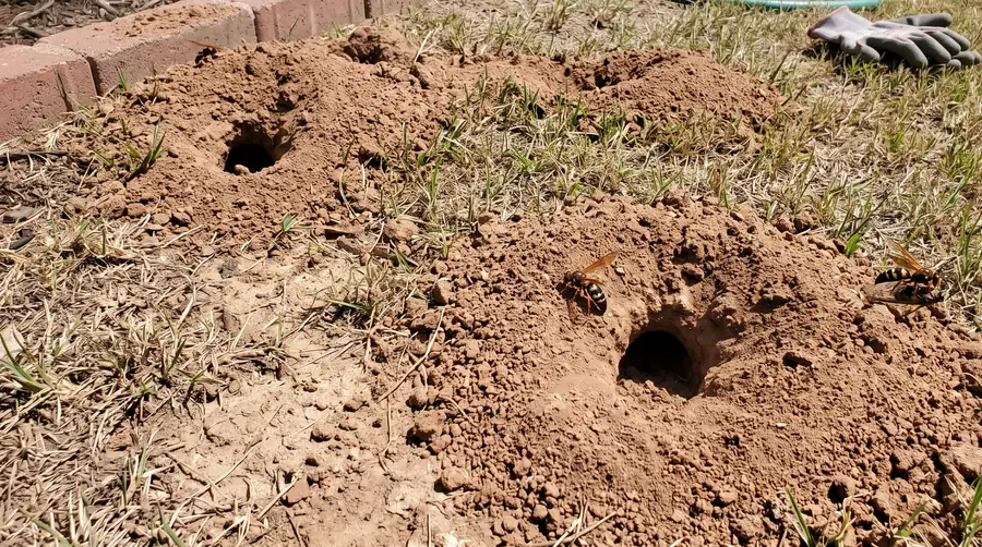 Cicada killer wasps at open burrow entrances in mounded soil along a brick lawn edging