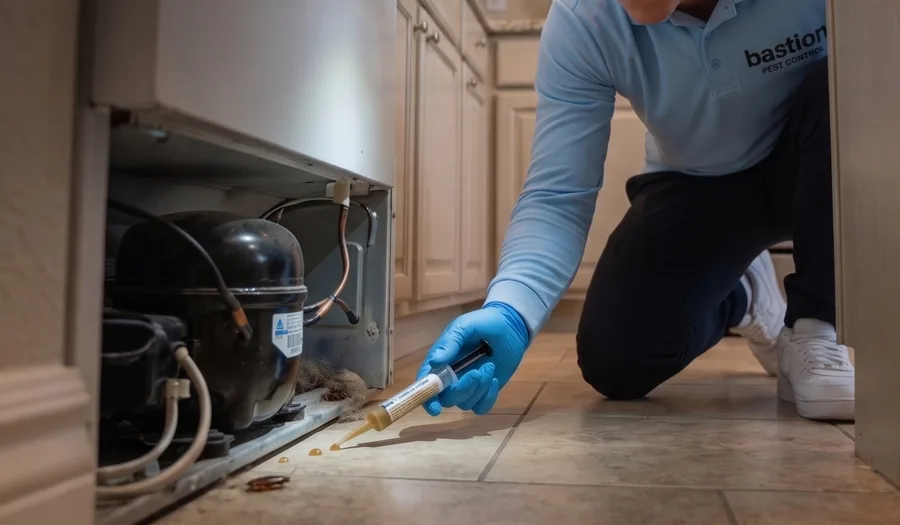 Bastion Pest Control technician applying cockroach gel bait with a syringe along the floor edge behind a refrigerator