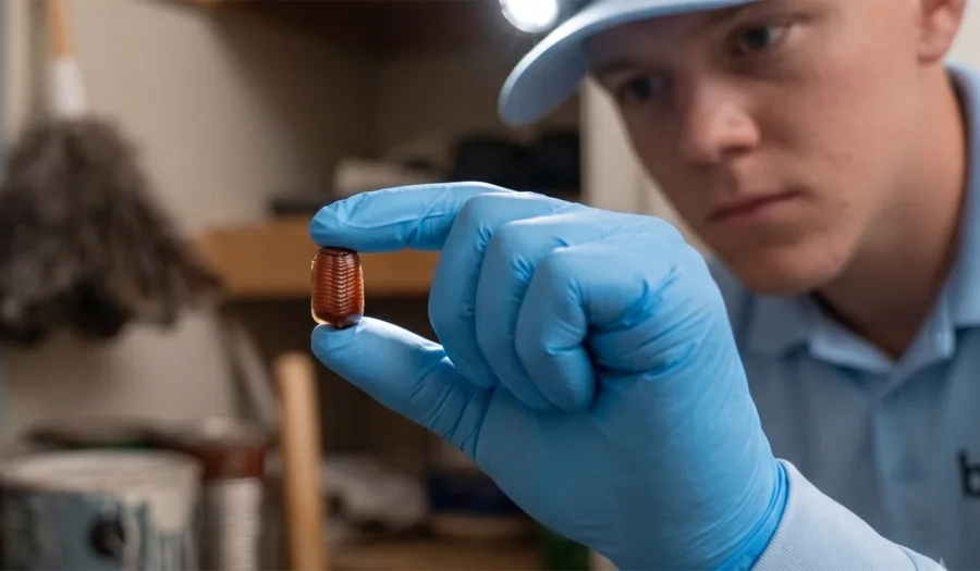 Bastion Pest Control technician holding up a cockroach egg case, or ootheca, found during an inspection