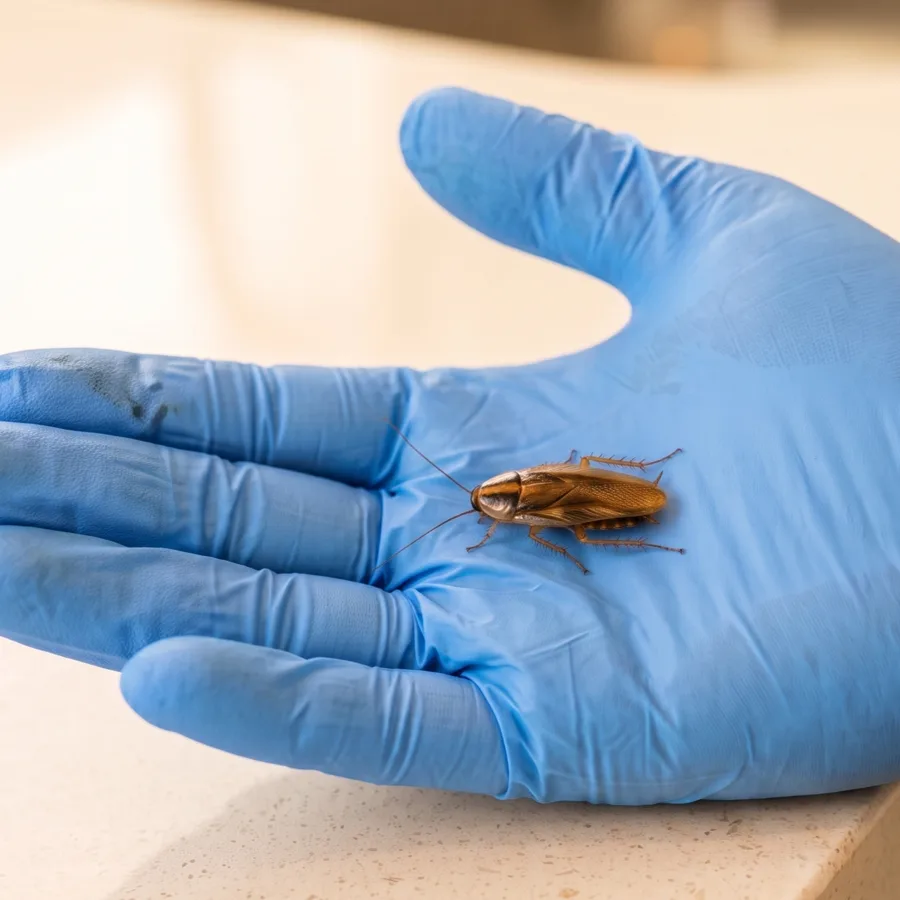 Bastion Pest Control technician in a blue glove holding a German cockroach on a gloved palm to identify the species