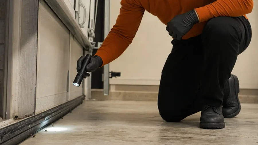Bastion Pest Control technician shining a flashlight along the bottom seal of a garage door where crickets get in