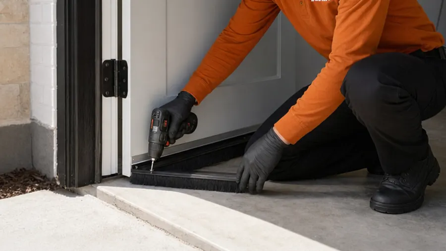 Bastion Pest Control technician installing a door sweep on the bottom of a garage side door