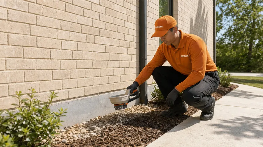 Bastion Pest Control technician spreading granular cricket bait along the gravel and mulch at the base of a brick wall