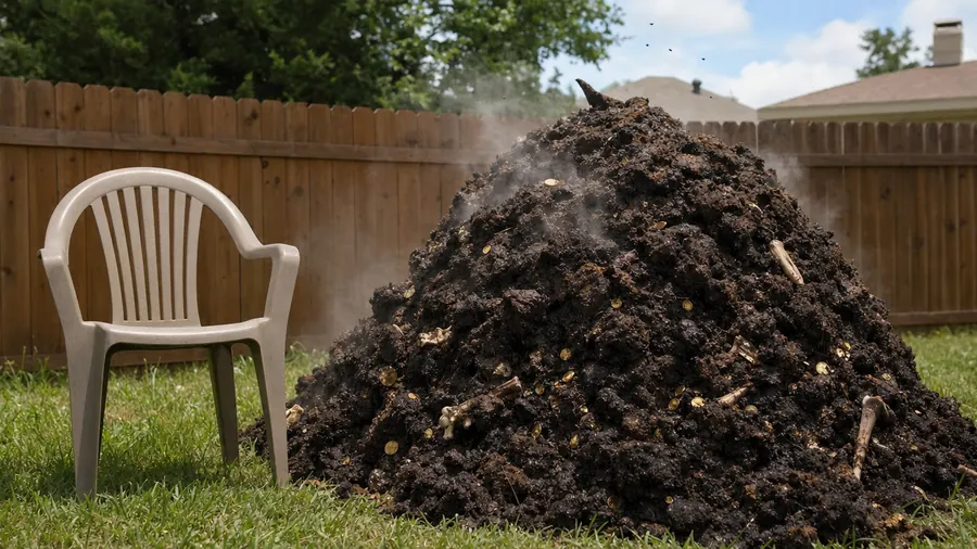 A huge steaming pile of dragon dung on a lawn beside a fence, taller than the plastic patio chair next to it, with gold coins and bones in it
