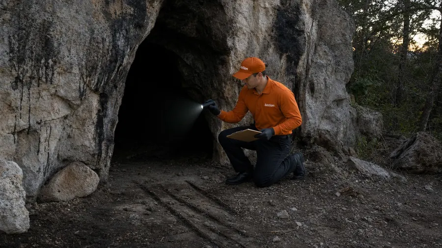 Bastion Pest Control technician kneeling at a scorched limestone cave entrance, shining a flashlight inside to find a dragon lair