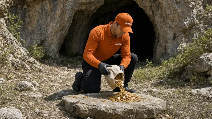 Bastion Pest Control technician pouring gold coins onto a flat stone outside a cave as dragon bait