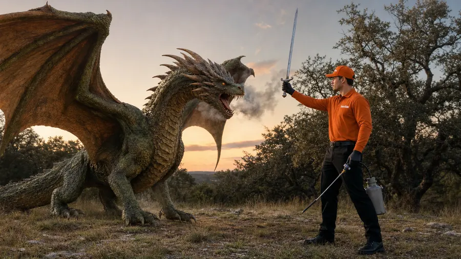 Bastion Pest Control technician with a raised sword facing a rearing dragon in a Hill Country clearing