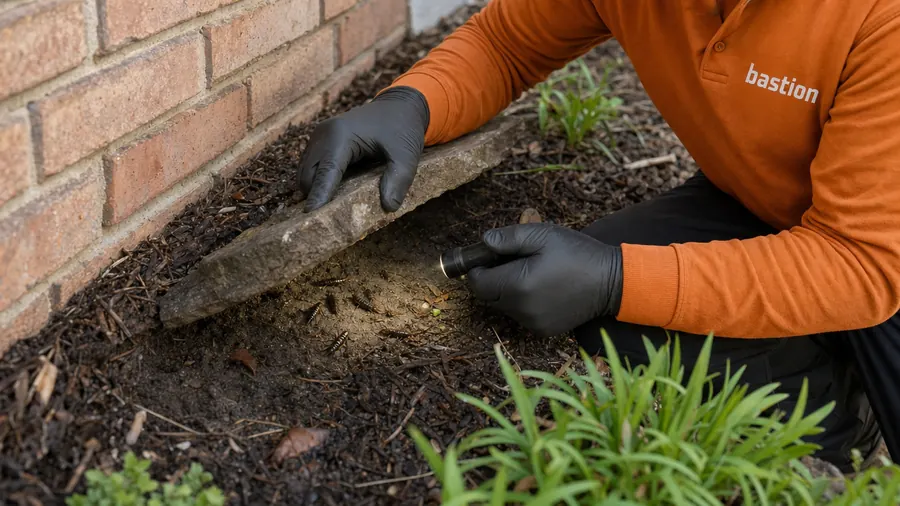 Bastion Pest Control technician lifting a landscape stone and shining a flashlight on earwigs hiding underneath