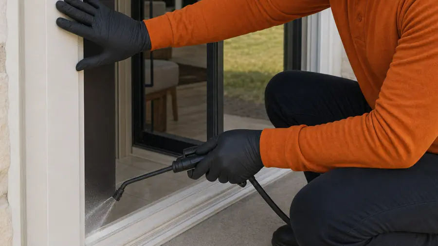 Bastion Pest Control technician spraying a treatment band along the threshold of a patio door