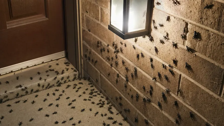 Dozens of black field crickets clustered on a brick wall around a lit porch light and on the step below at night