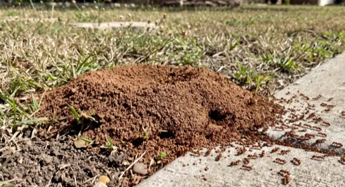 Red imported fire ant mound in a lawn beside a concrete sidewalk with worker ants streaming across the pavement