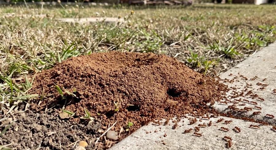 Red imported fire ant mound in a lawn beside a concrete sidewalk with worker ants streaming across the pavement
