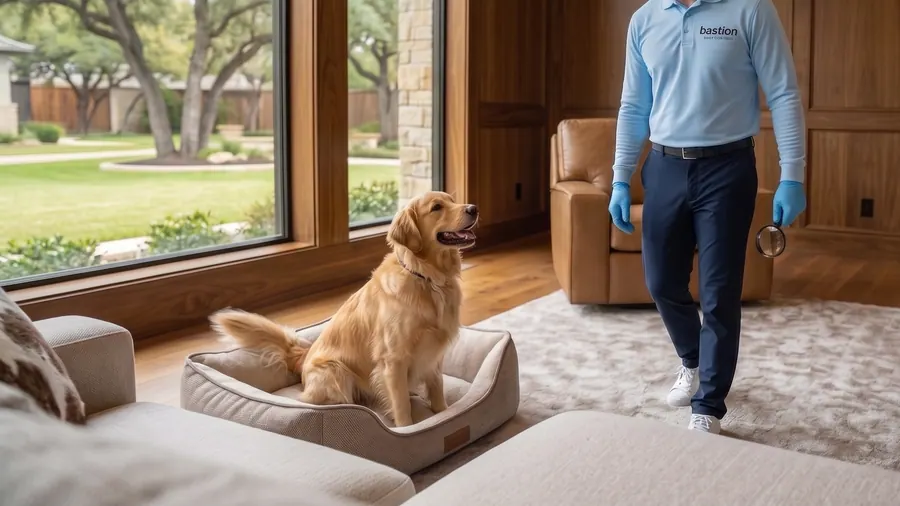 Bastion Pest Control technician inspecting a dog bed and carpet in a living room while a golden retriever sits nearby