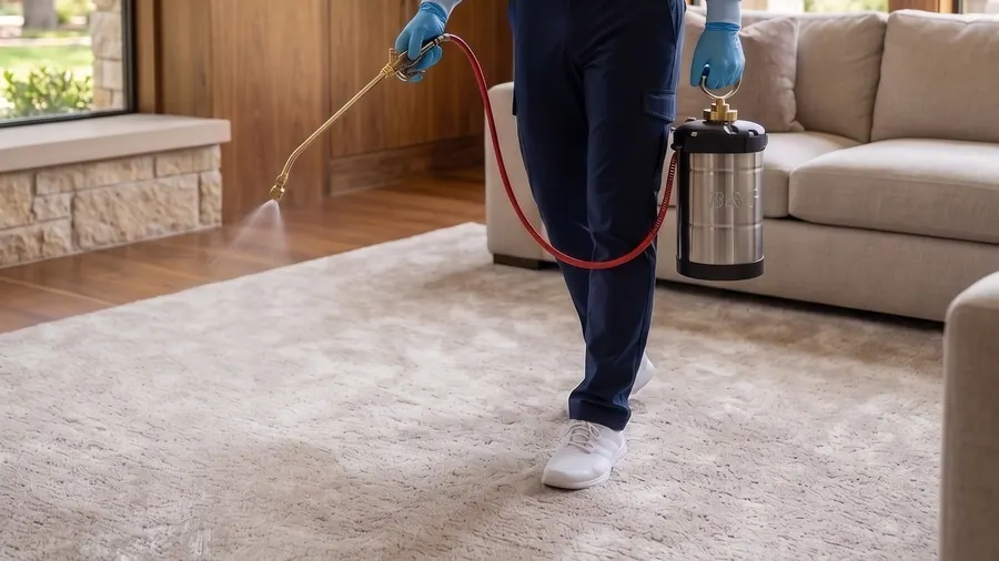 Bastion Pest Control technician treating living room carpet for fleas with a compressed sprayer