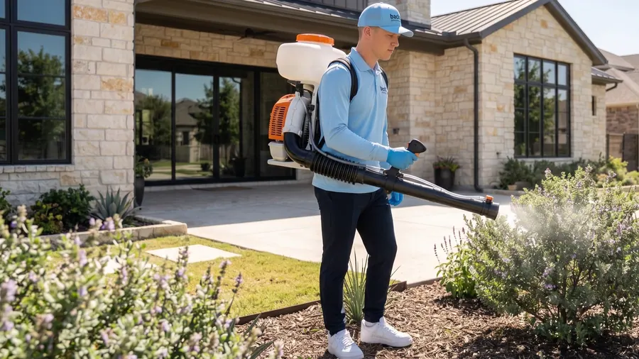 Bastion Pest Control technician treating shaded landscape beds outside a home with a backpack mist blower