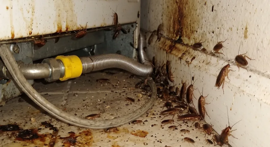 Heavy German cockroach infestation with dozens of insects and droppings around a gas line behind a kitchen range