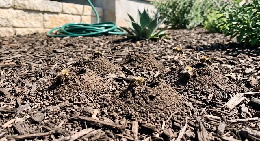 Several ground-nesting bees at small soil mounds and burrow entrances in a mulched planting bed
