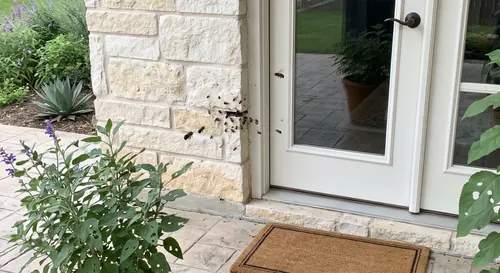 Honey bees clustered at and flying into a narrow gap in limestone veneer beside a back patio door