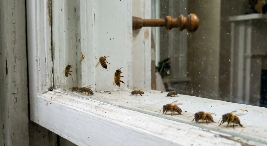 Honey bees walking and flying along the inside of a painted window sash and sill indoors
