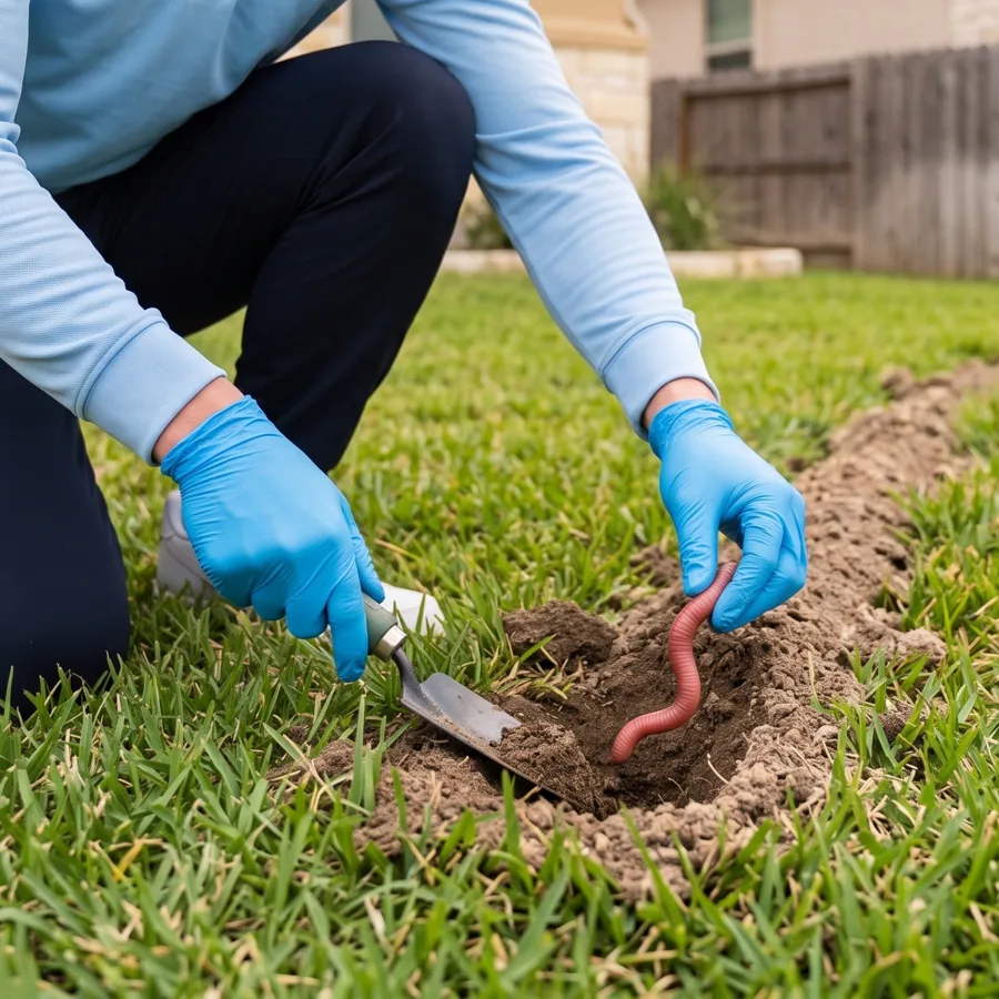 Bastion Pest Control technician opening an active mole run with a hand trowel, with an earthworm visible in the excavated soil